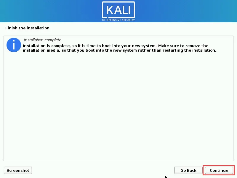 Kali Linux installation finish