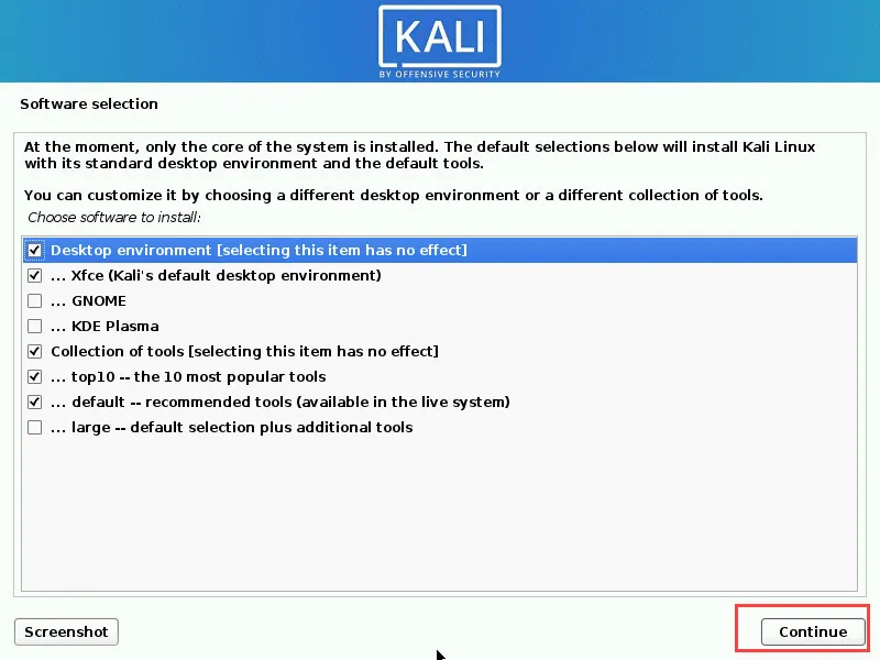 Kali Linux Software Selection