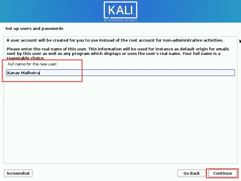 Kali Linux Account Name