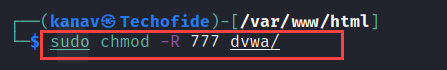 changing permissions of dvwa folder