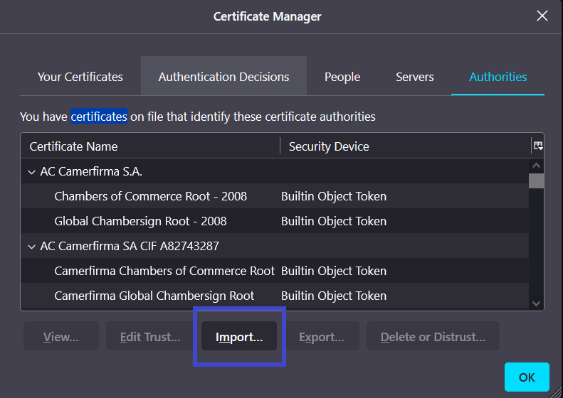 CA certificate import