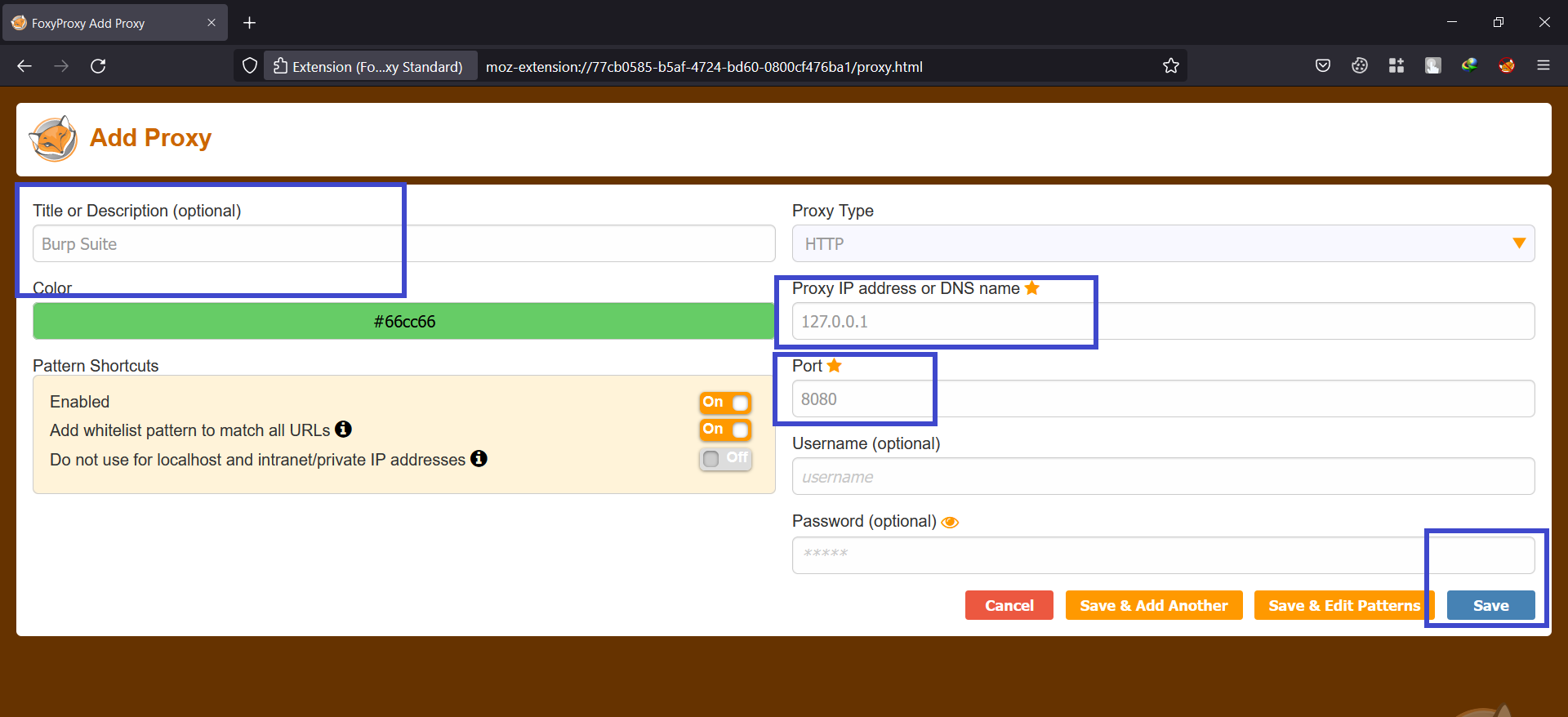 FoxyProxy configuration of proxy