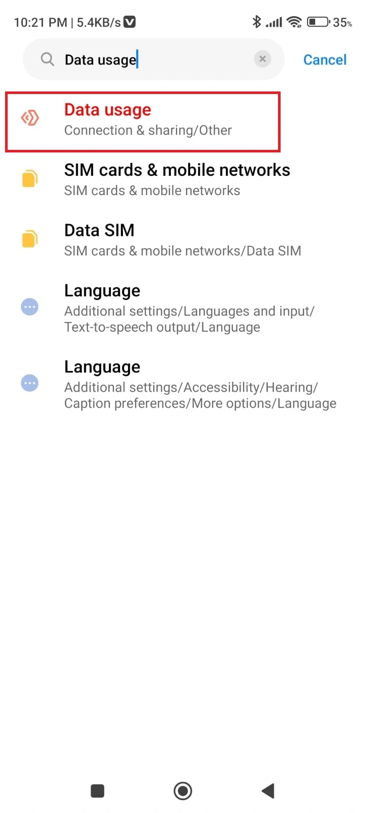 search data usage in mobile device setting